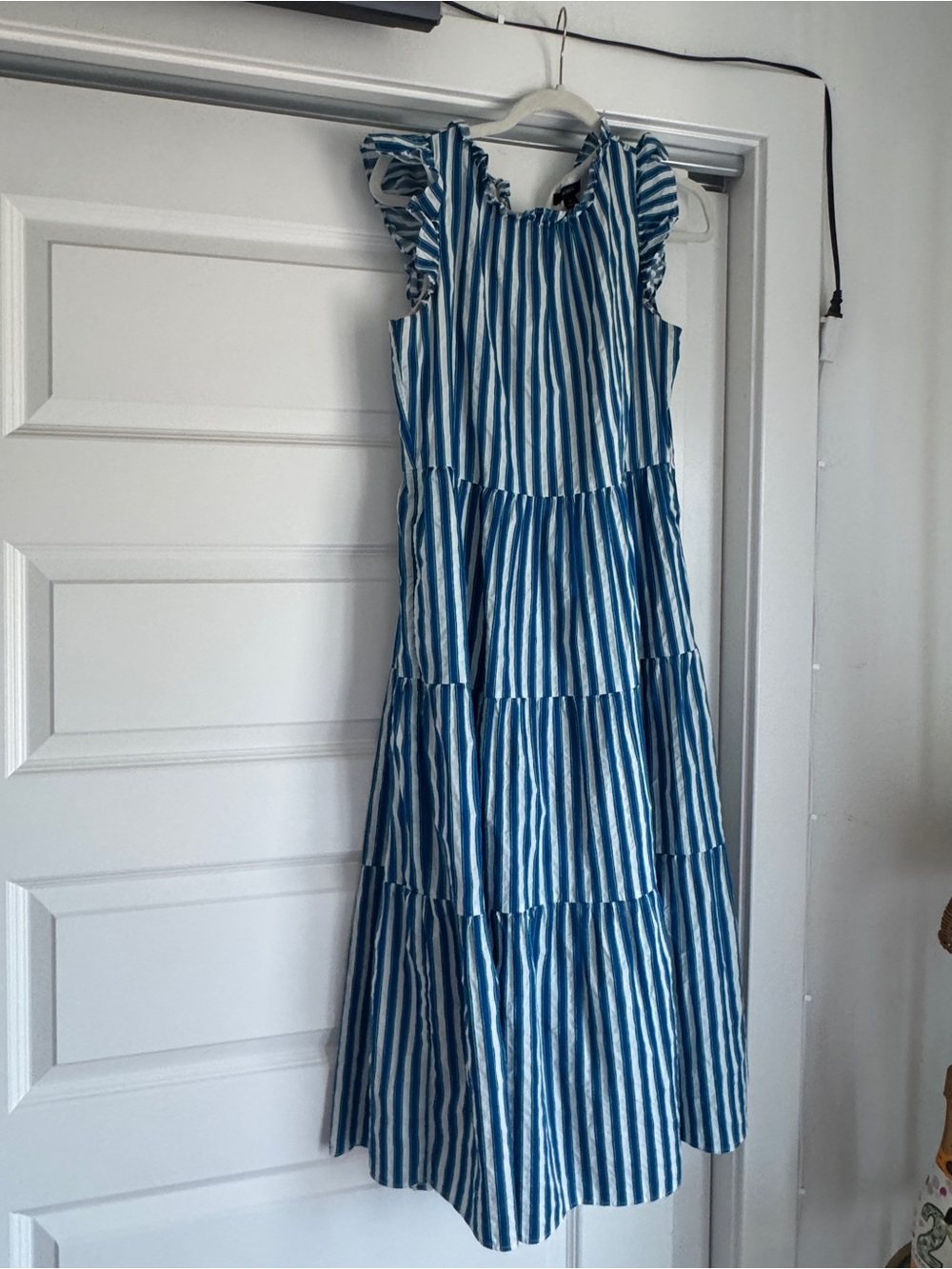 J. Crew Blue and White Striped Tiered Maxi Dress